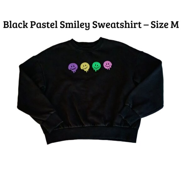 Black Drippy Smiley Face Sweatshirt – Medium Pastel Graphic - Picture 1 of 8
